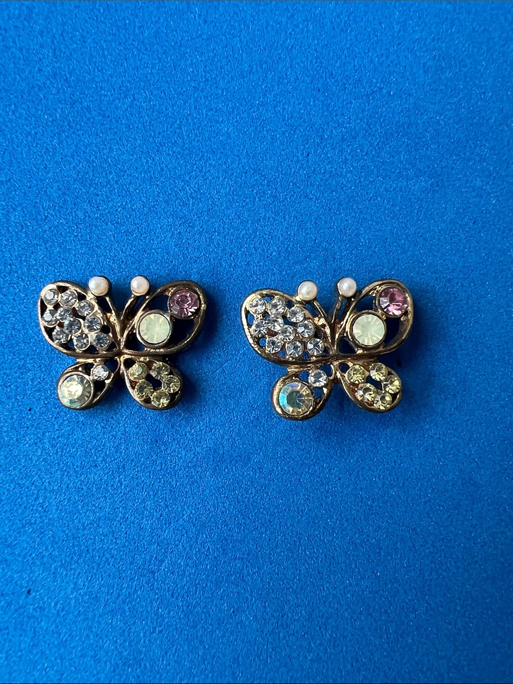 Gold Butterfly Crystal Stud Earrings - Multicolor Stones